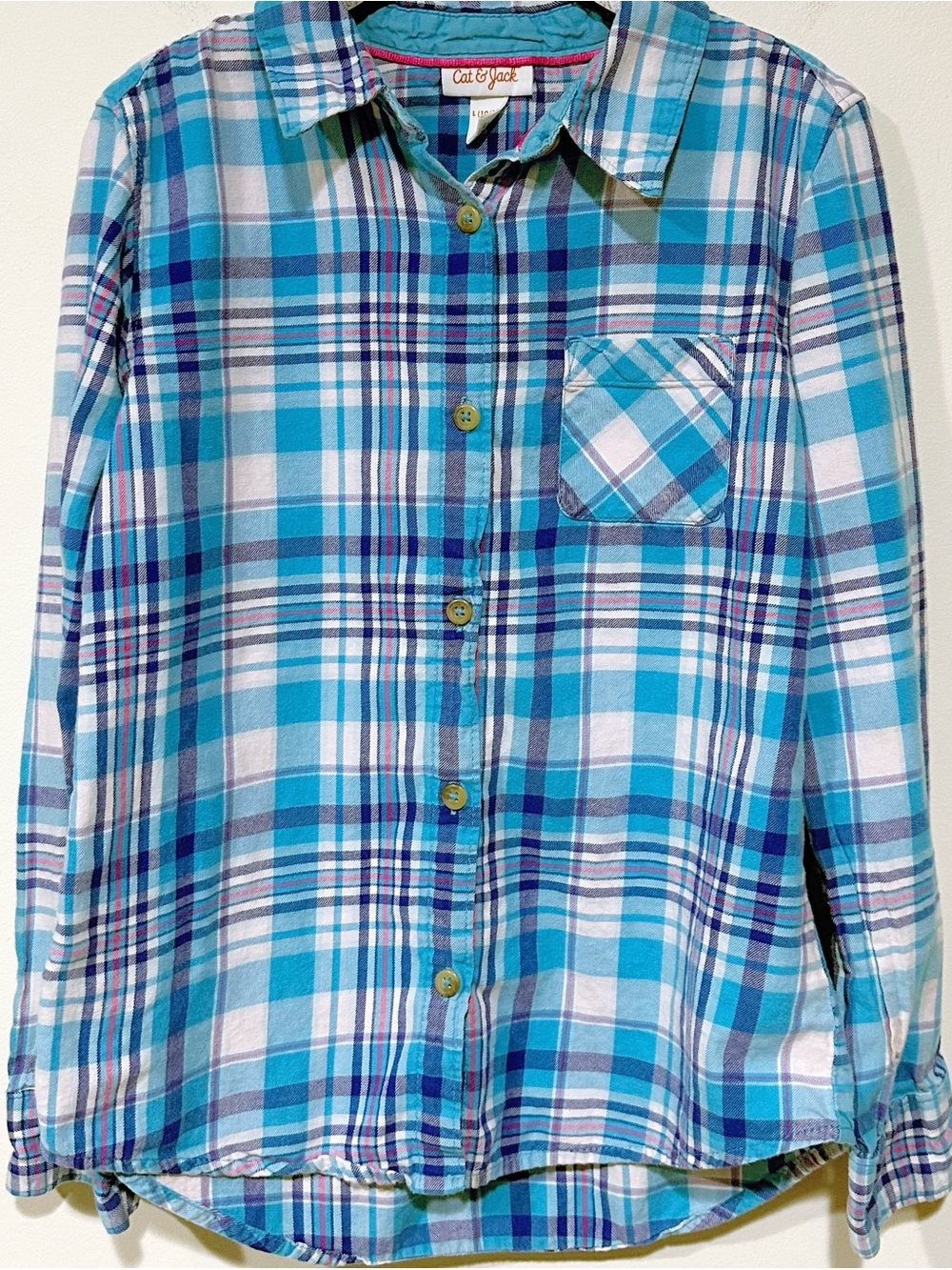 Kids Size Large 100% Cotton Long Sleeve Button Down Shirt Cat & Jack Blue Pink